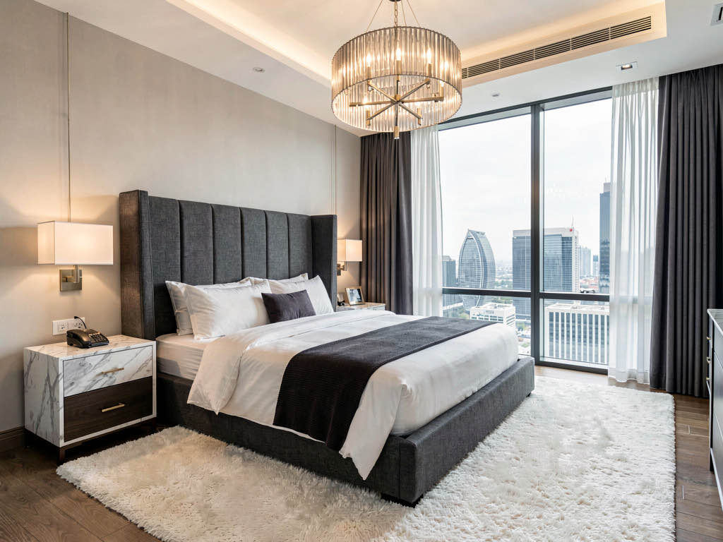 Side-by-side before and after of a cluttered bedroom with mismatched dark furniture transformed into a serene minimal space with a low oak platform bed, white linen bedding, and soft natural light