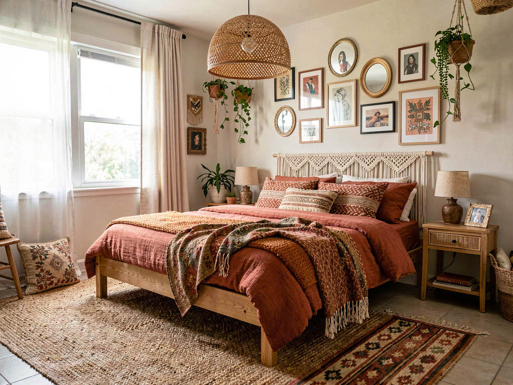 A bohemian bedroom with a rattan headboard, layered tribal-print throw pillows, multiple Moroccan rugs, hanging plants, and warm afternoon light