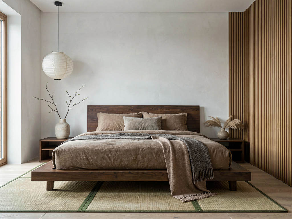 The same bedroom redesigned in Japandi style with a low platform bed, oat linen duvet, a single woven pendant light, and a small wooden bench at the foot of the bed
