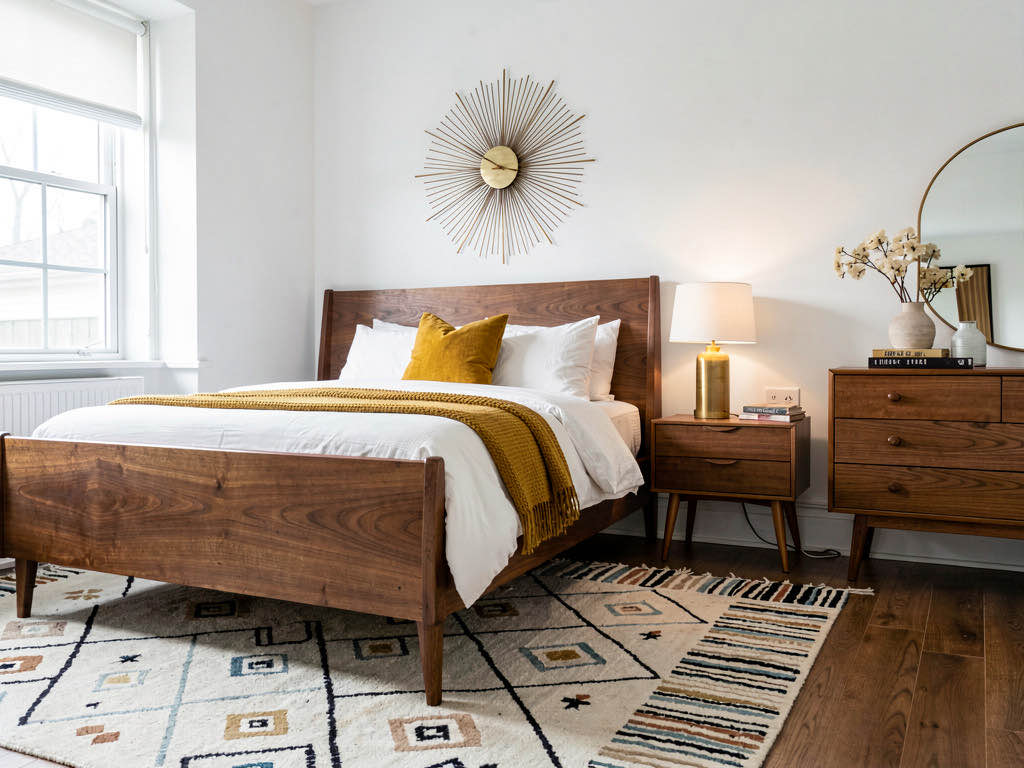 A mid-century modern bedroom with a low walnut platform bed, mustard linen duvet, a brass arc floor lamp, and a vintage abstract painting above the headboard