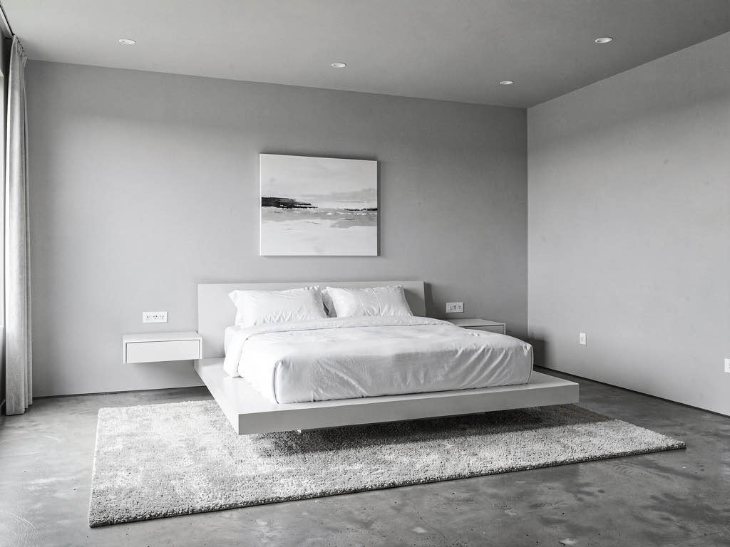 A bedroom redesigned in modern style with a slate-gray upholstered headboard, white linen duvet, walnut nightstands, and a low ceramic table lamp