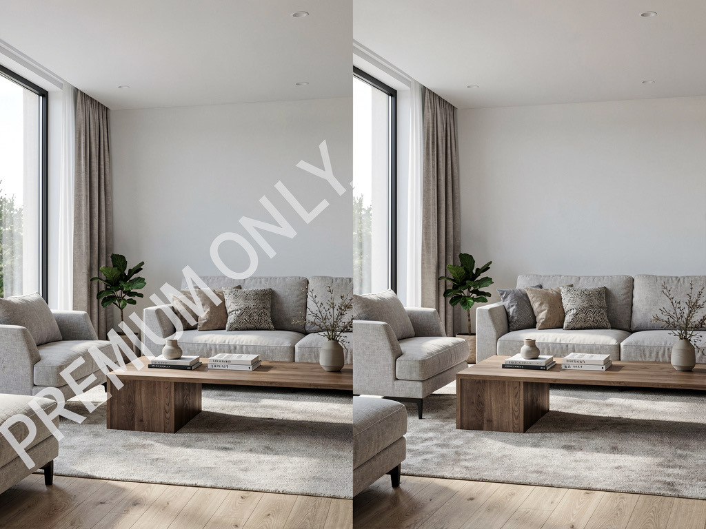 A split comparison showing the same AI bedroom design — left side covered by a large PREMIUM ONLY watermark making it unusable, right side clean and watermark-free