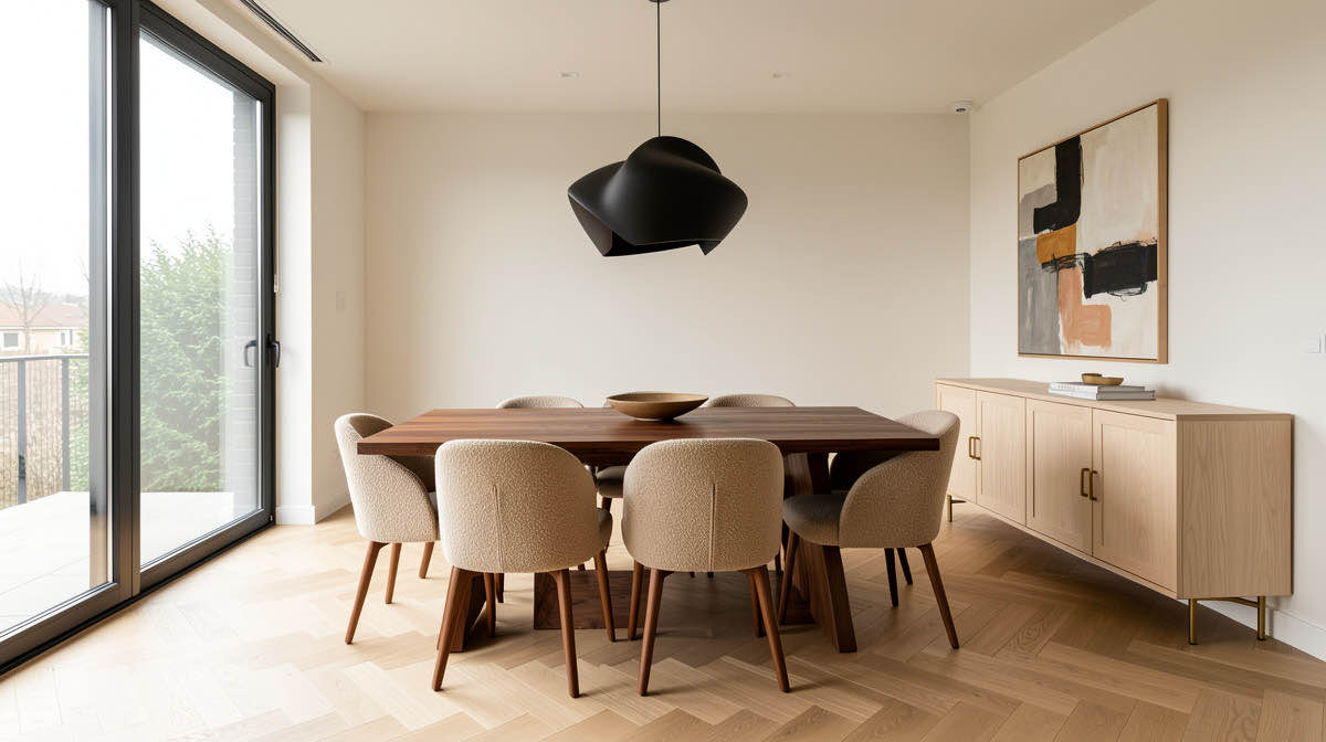 Side-by-side before and after of a dated formal dining room with a heavy mahogany table and floral wallpaper, transformed into a clean modern space with a long marble table, cane-back chairs, a sculptural pendant, and Hale Navy on the accent wall