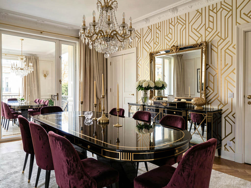 An art deco dining room with a glossy black lacquered table, emerald velvet upholstered chairs, a brass-and-glass geometric chandelier, and a gold-leaf wall panel behind the buffet