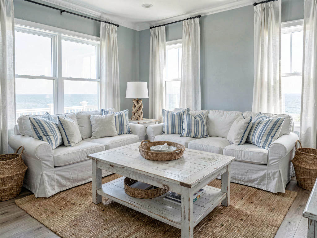 A coastal dining room with a whitewashed pine table, wicker chairs, an oversized woven rattan pendant, and a sisal area rug