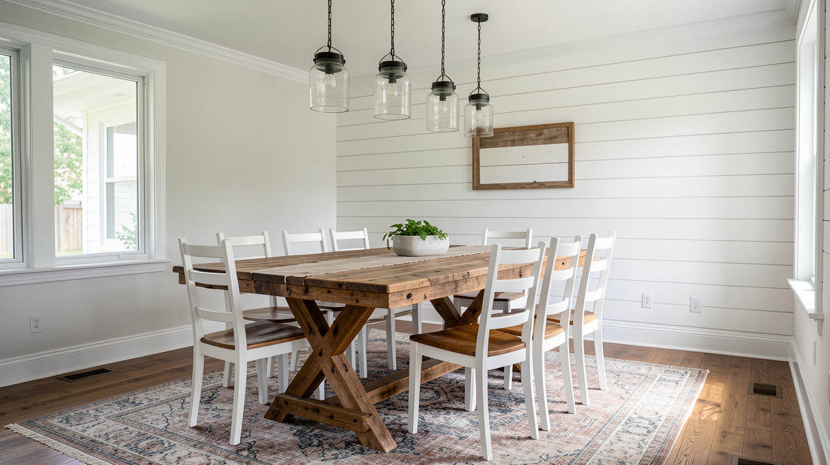 The same dining room redesigned in farmhouse style with a long reclaimed-wood table, cream slipcovered chairs at the ends, ladderback wooden chairs along the sides, and an iron orb chandelier