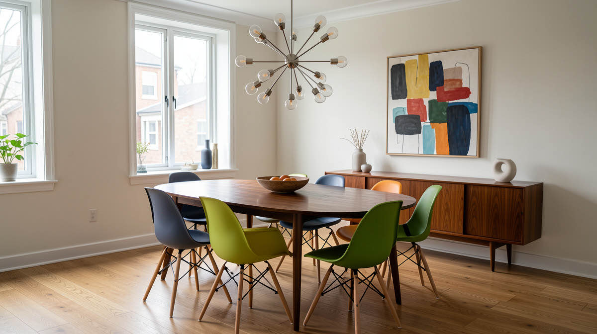 A mid-century modern dining room with a round walnut tulip table, four eames-style molded plastic chairs, a Sputnik chandelier overhead, and a low credenza on a teak wood floor