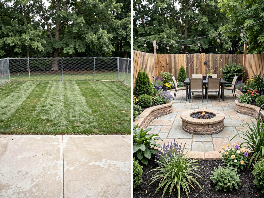 Side-by-side before and after of a tired backyard with patchy lawn and overgrown bushes transformed into a Mediterranean garden with gravel paths, olive trees, lavender borders, and a stone seating area