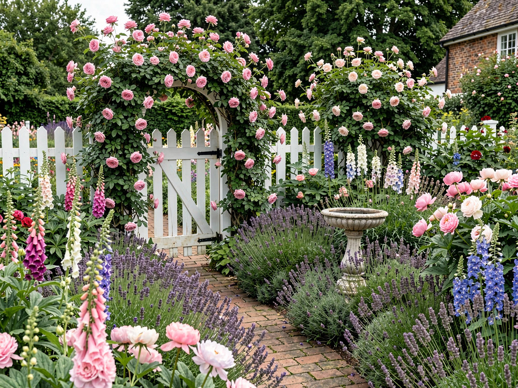 A cottage garden with overflowing perennial borders, climbing roses on a white picket fence, a winding flagstone path, and a vintage bench under a flowering tree