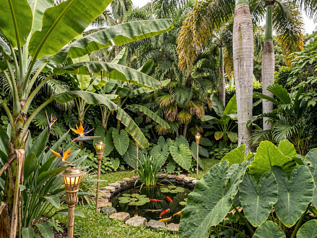 A tropical backyard with a curved kidney pool, palm trees, large monstera plants, a low wooden deck with a hammock, and tiki torches at dusk