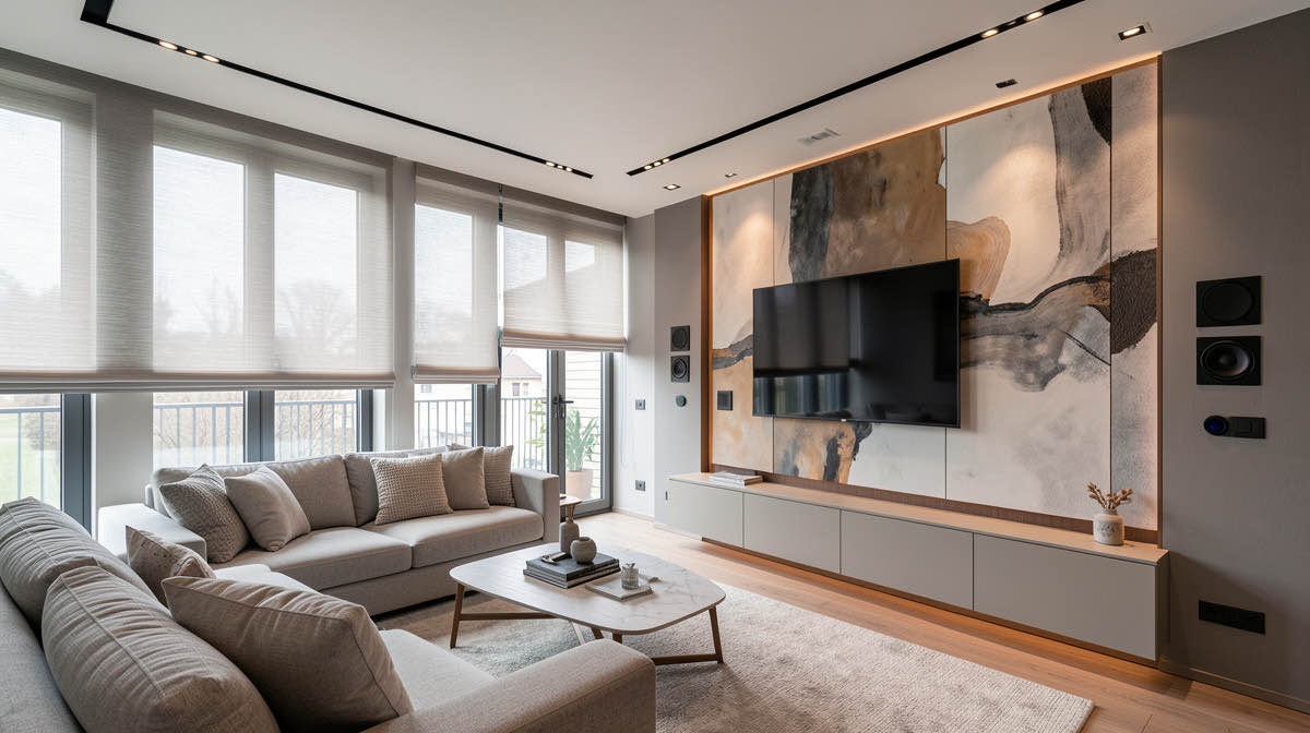 Modern kitchen with hidden smart speakers, under-cabinet lighting automation and integrated display