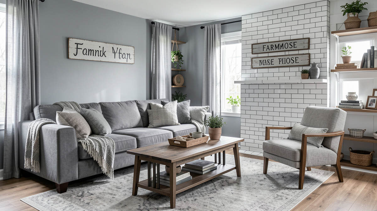Side by side comparison of a dated all-gray living room versus a warm updated version
